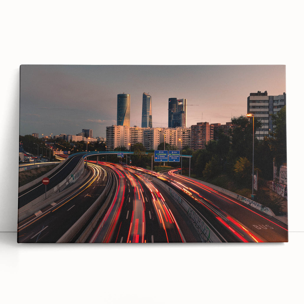 Black and white stretched canvas of Madrid scenery, ideal for kitchen wall art or bedroom.