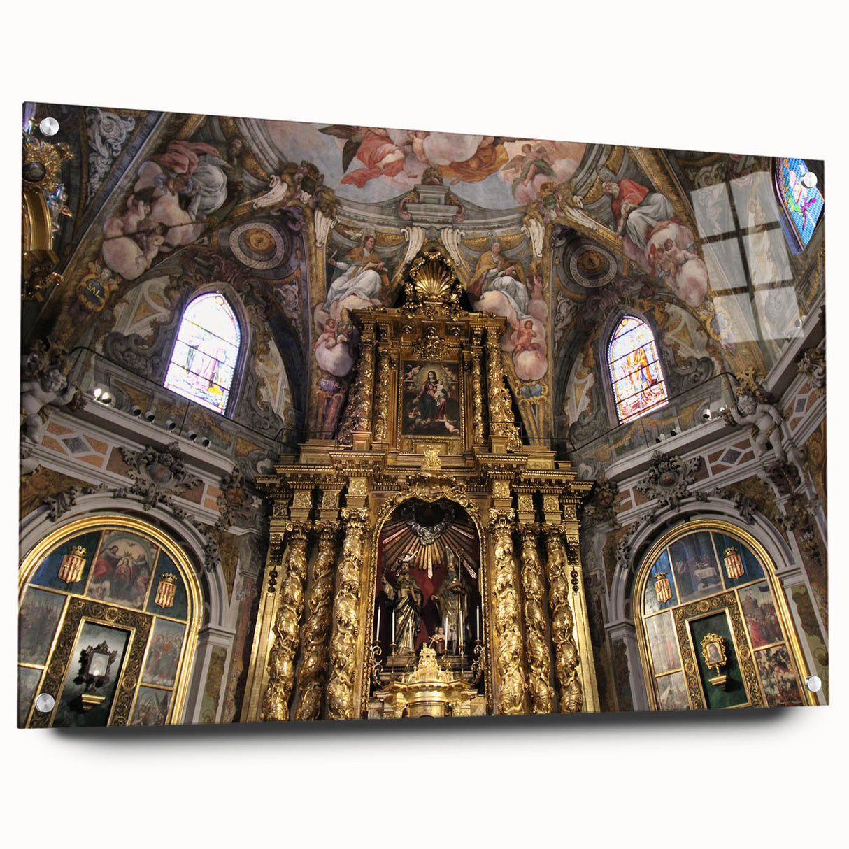 Acrylic print of a large abstract depiction of Valencia, featuring vibrant blue and orange tones.