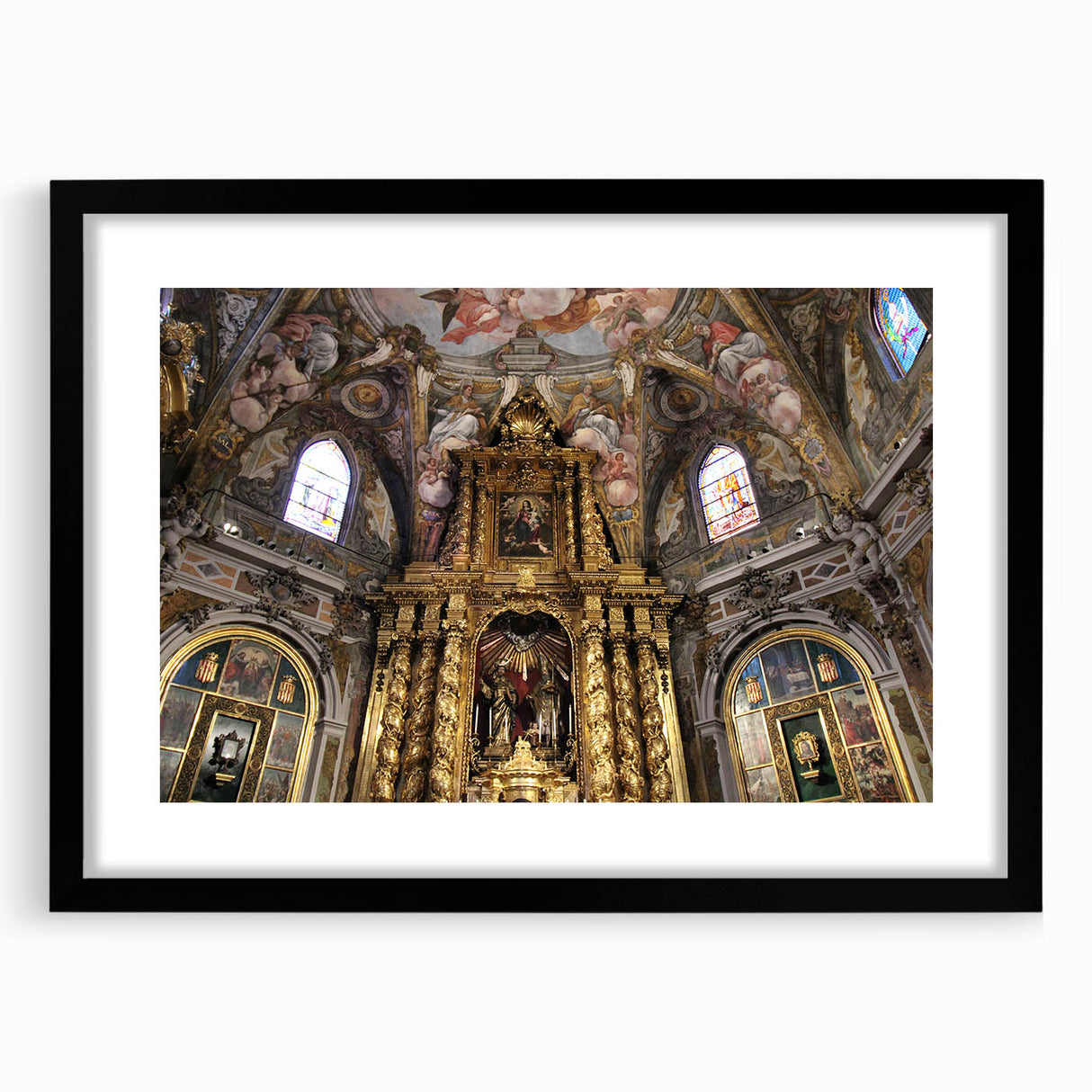 Extra large abstract art print of vibrant, colorful Valencia scenery on textured canvas, framed in black.