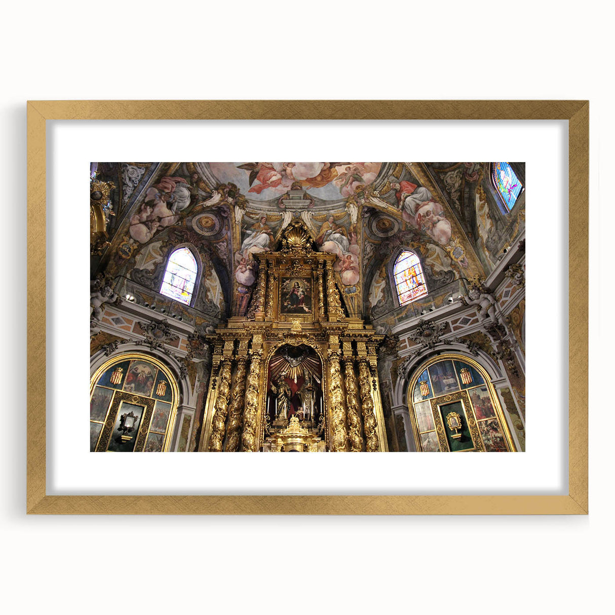 Extra large abstract art print of a textured European scenery in Valencia, displayed in a gold frame with mat.