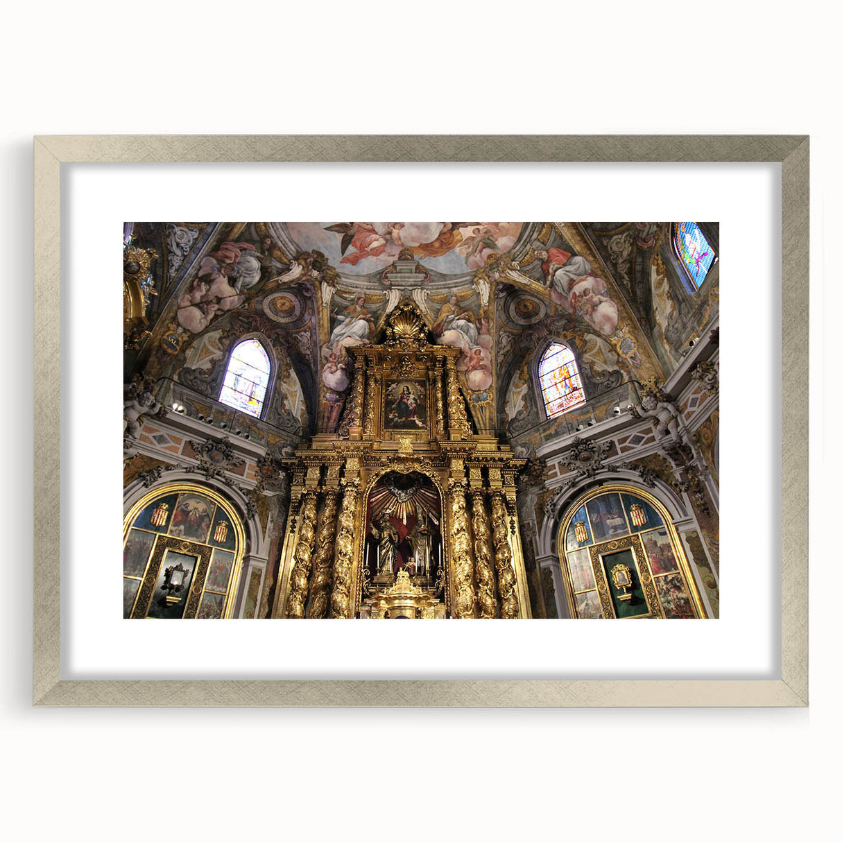 Textured abstract art print of Valencia scenery in muted earth tones, framed in silver, ideal for bedroom art.