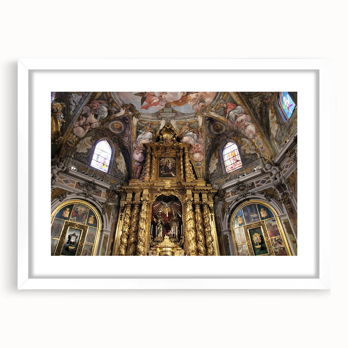 Abstract art print of Valencia scenery in muted earth tones on a white framed mat, ideal for dining room decor.
