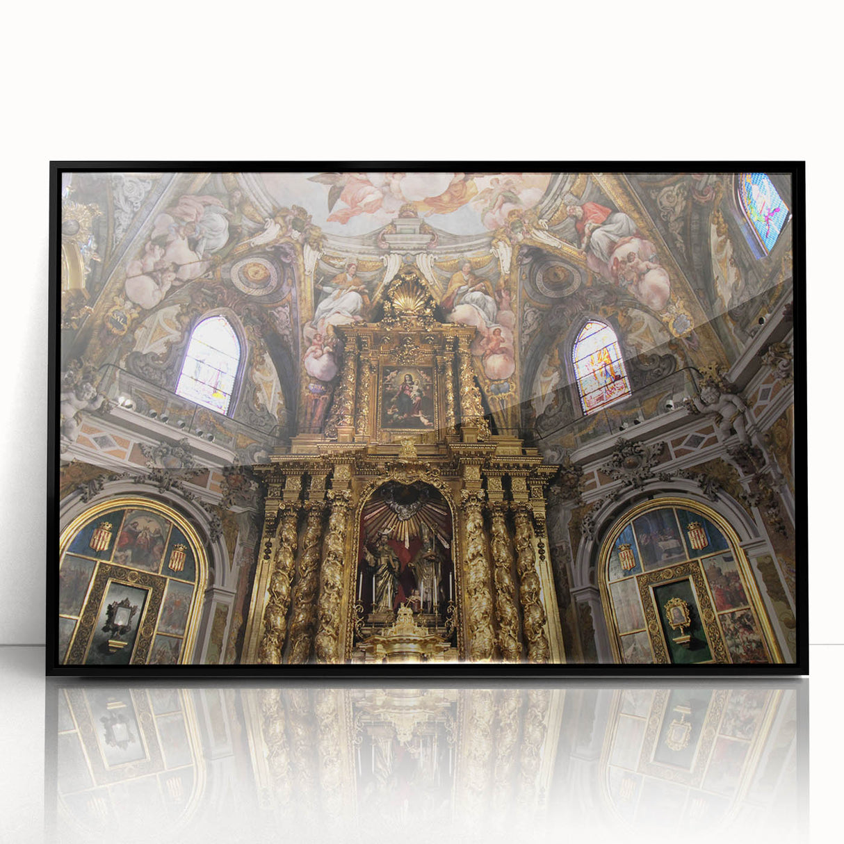 Large abstract wall art depicting a vibrant Valencia scenery in mid-century modernist style, framed in black acrylic.