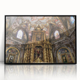 Large abstract wall art depicting a vibrant Valencia scenery in mid-century modernist style, framed in black acrylic.