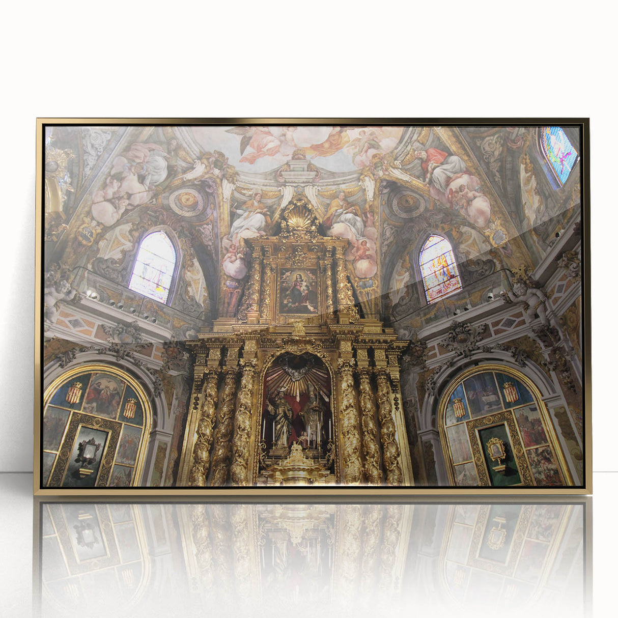 Large art print of Valencia scenery in muted earth tones on a framed acrylic, styled in mid-century modernist design.