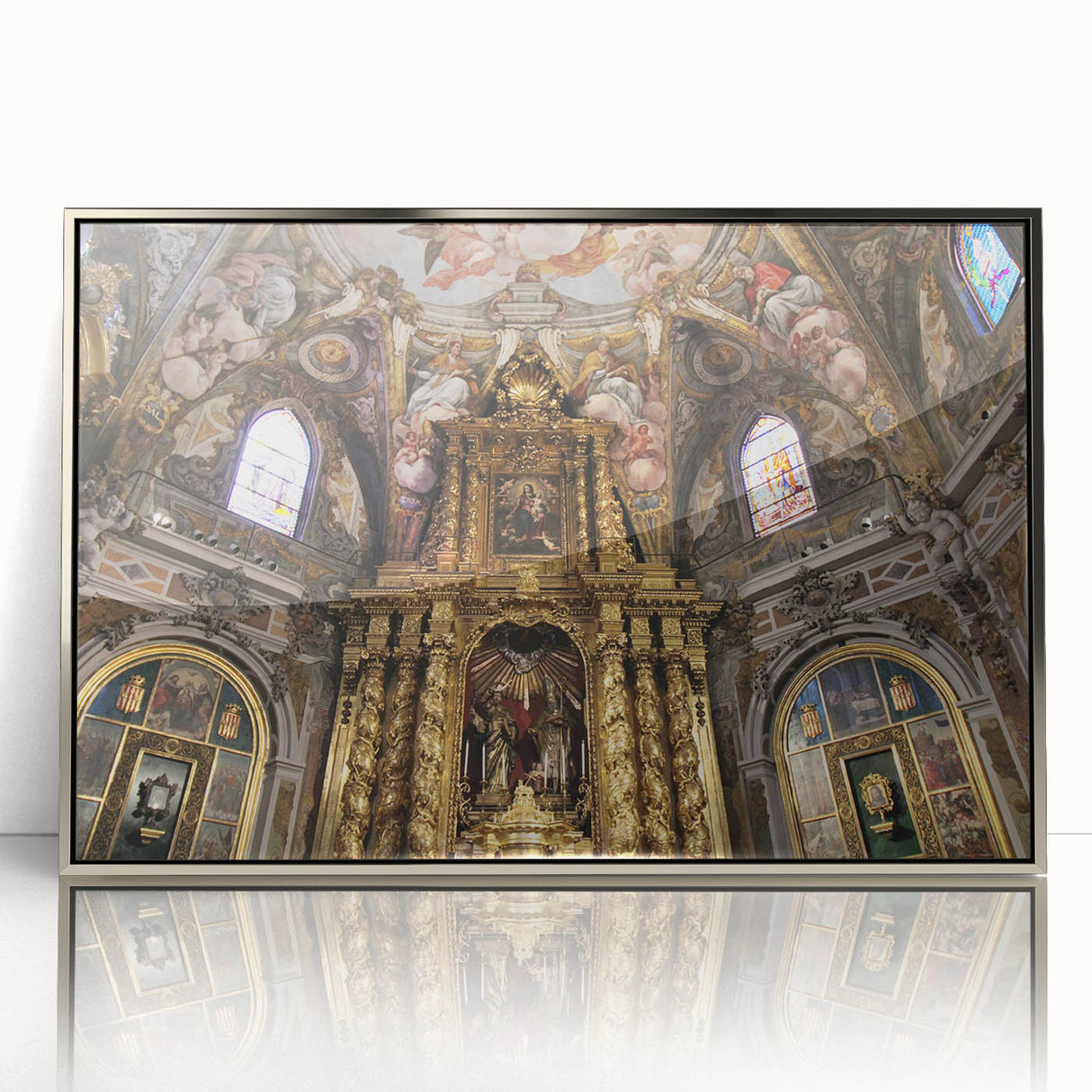 Mid-century modernist art of Valencia scenery in muted earth tones, acrylic print in silver frame.