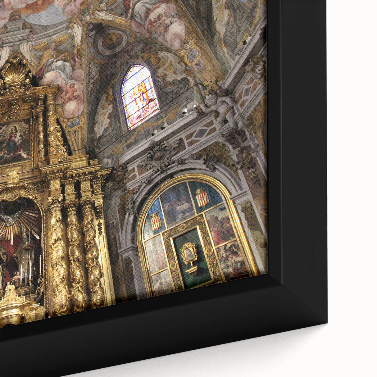 Extra large framed canvas depicting a textured, colorful street scene in Valencia, Spain, ideal for living room decor.