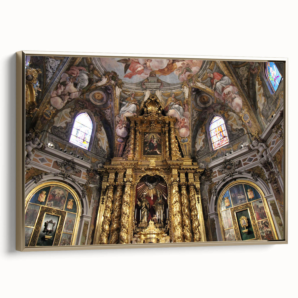 Framed canvas of a vintage-style Valencia landscape in muted gold and black tones, ideal for bedroom wall art.