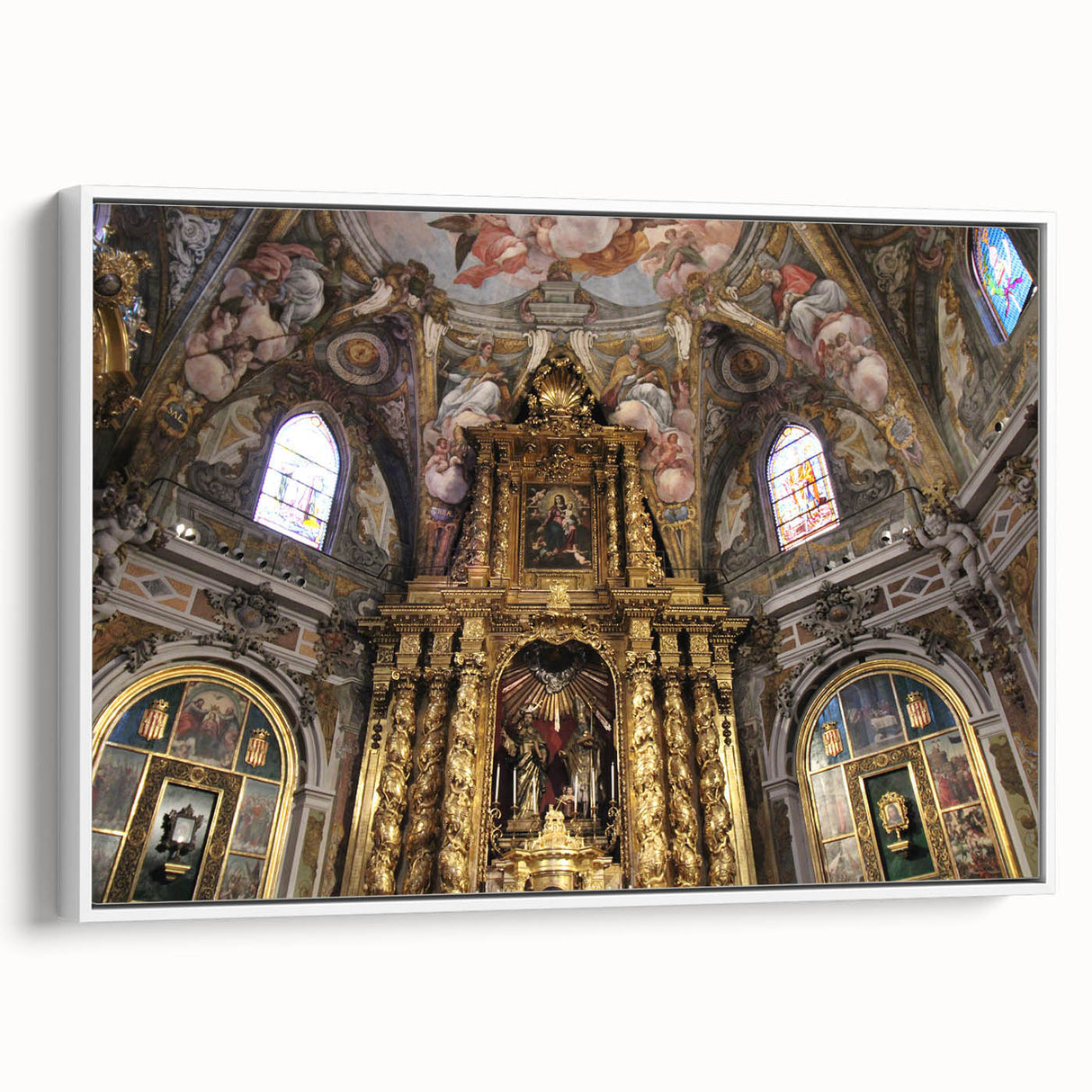 Vintage poster art of Valencia scenery on framed canvas, featuring vibrant colorful accents on a black background.