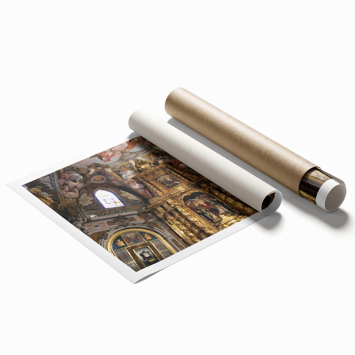 Extra large rolled print of Valencia scenery with soft floral patterns in earth tones, ideal for classy bathroom wall art.