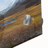 Large abstract wall art depicting a Swedish landscape in muted earth tones on acrylic glass, ideal for dining room art.