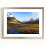 Textured abstract art print of a European scenery in muted gray and blue tones, framed in silver.