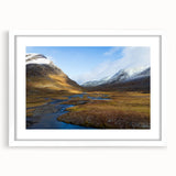 Abstract art print of a Swedish landscape in muted gray and blue tones, framed with a white mat, ideal for dining room decor.