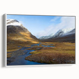 Vintage poster art of a European scenery in Sweden on a framed canvas, featuring muted earth tones.