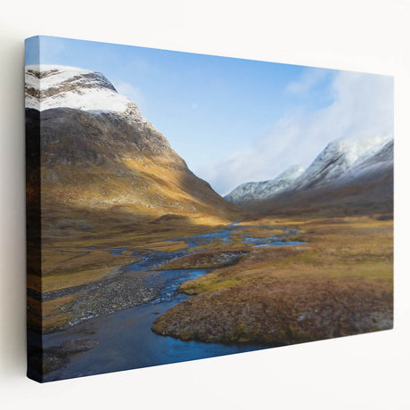 Landscape painting of a serene Swedish countryside on a stretched canvas, featuring soft blue and green tones.