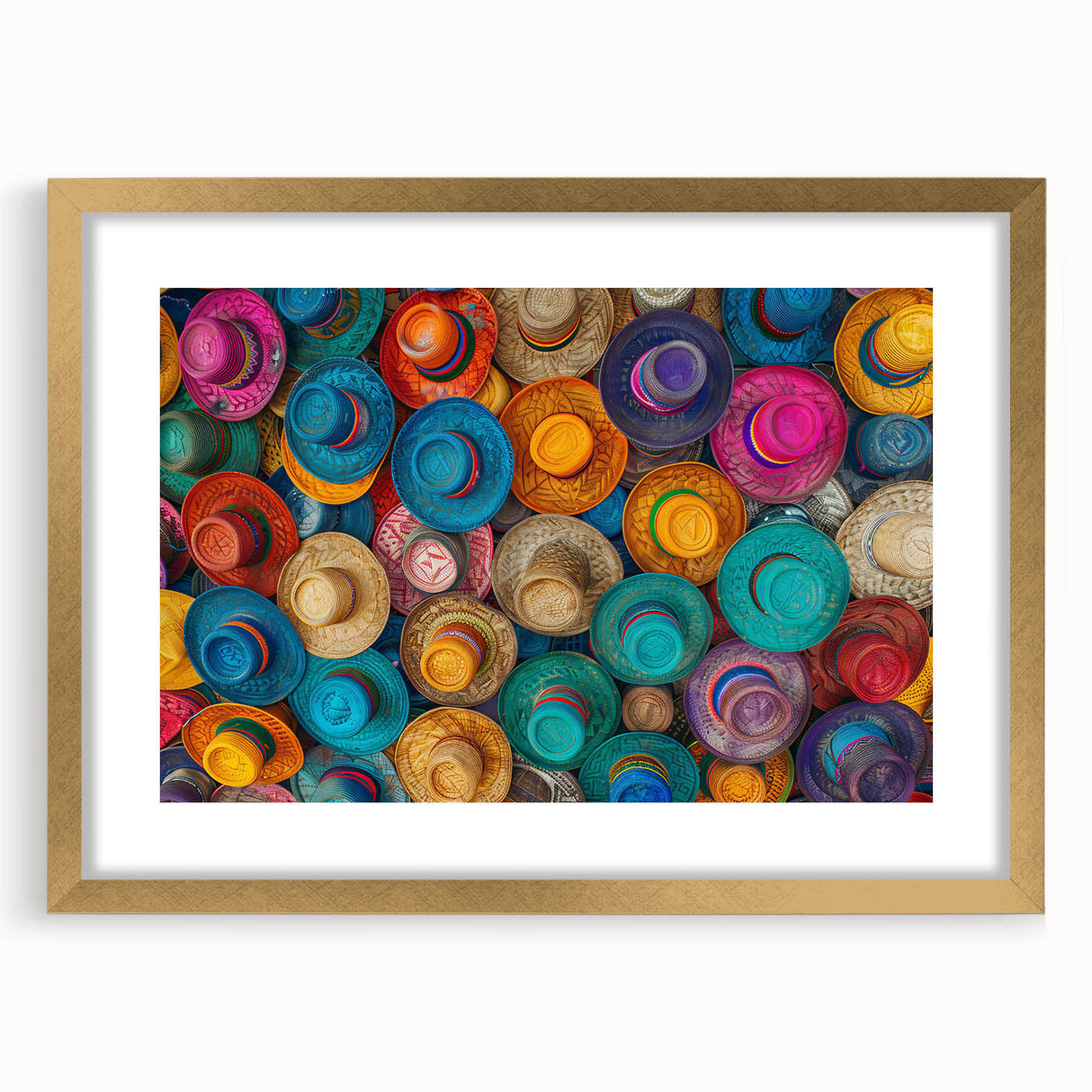 Extra large abstract art print of Cancun scenery in gold frame, featuring textured blue and green hues.