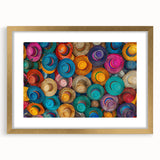 Extra large abstract art print of Cancun scenery in gold frame, featuring textured blue and green hues.