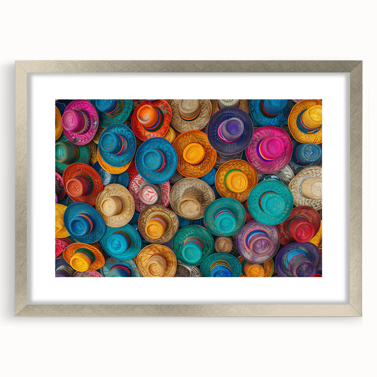 Textured art print featuring abstract scenery of Cancun in muted blue and green tones on a framed silver mat.