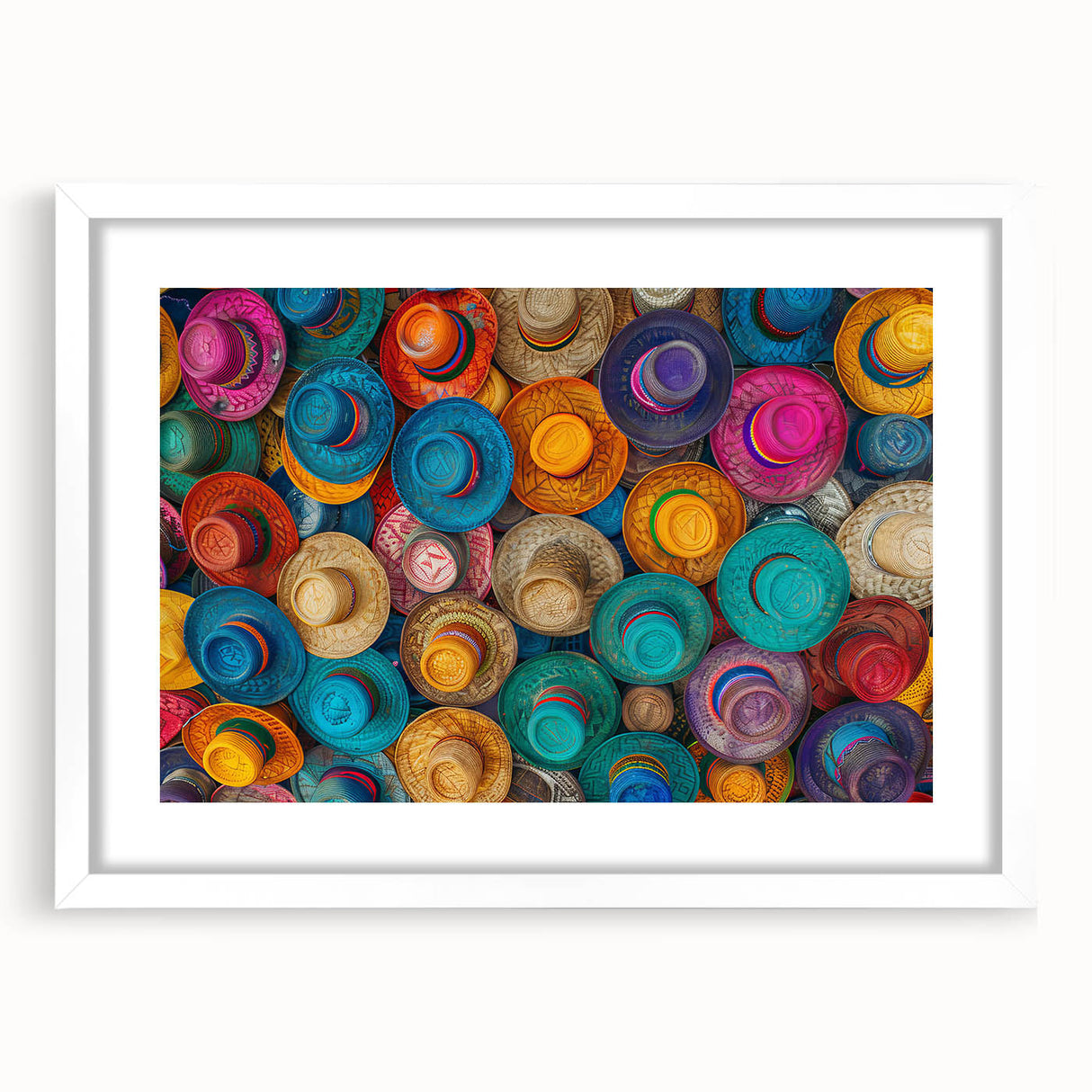 Abstract art print of Cancun scenery in muted blue and green tones on a white-framed canvas, suitable for dining room decor.