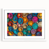 Abstract art print of Cancun scenery in muted blue and green tones on a white-framed canvas, suitable for dining room decor.