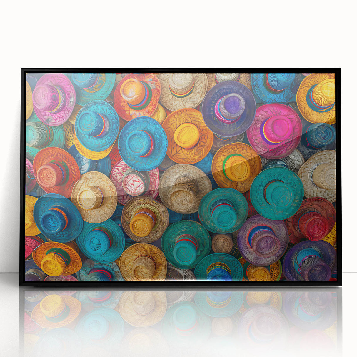 Large abstract wall art of Cancun scenery in muted blue and green tones, framed in black acrylic.