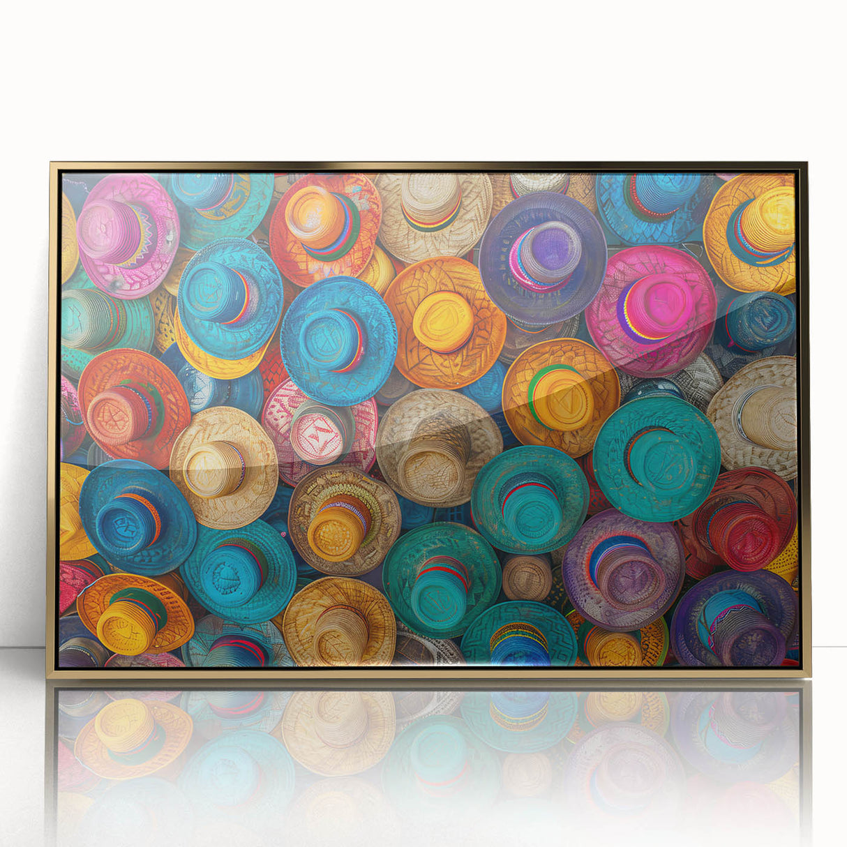 Framed acrylic print of Cancun scenery in mid-century modernist style, featuring vibrant blue and green tones.