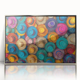 Mid-century modernist art depicting Cancun scenery in muted blue and green tones, framed in silver acrylic.