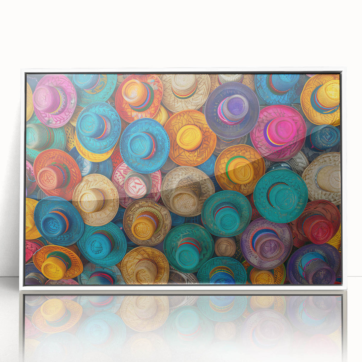 Art deco poster depicting Cancun scenery, with vibrant blue and white tones on acrylic framed print.
