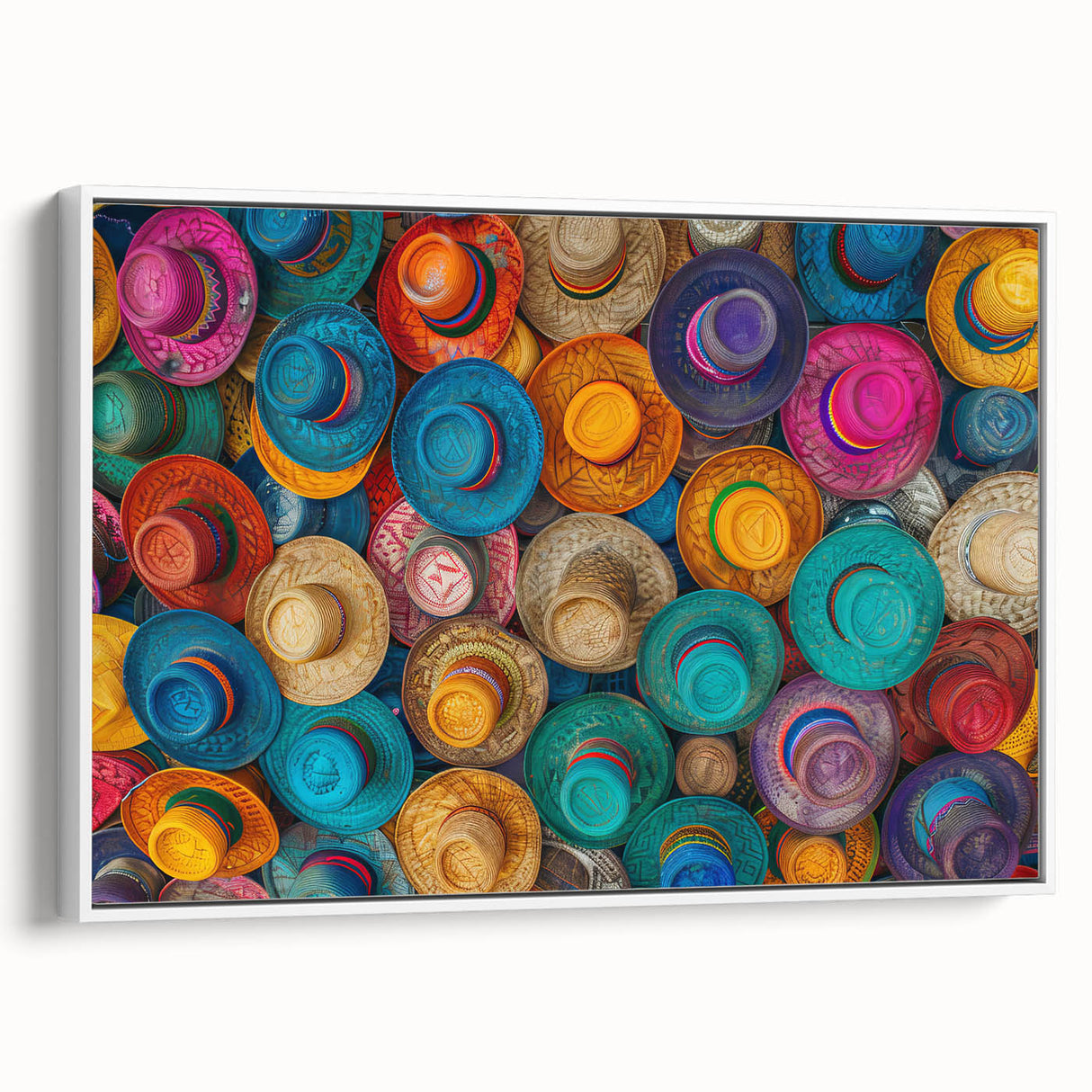 Vintage poster art of Cancun scenery on framed canvas, featuring vibrant colors and black borders.