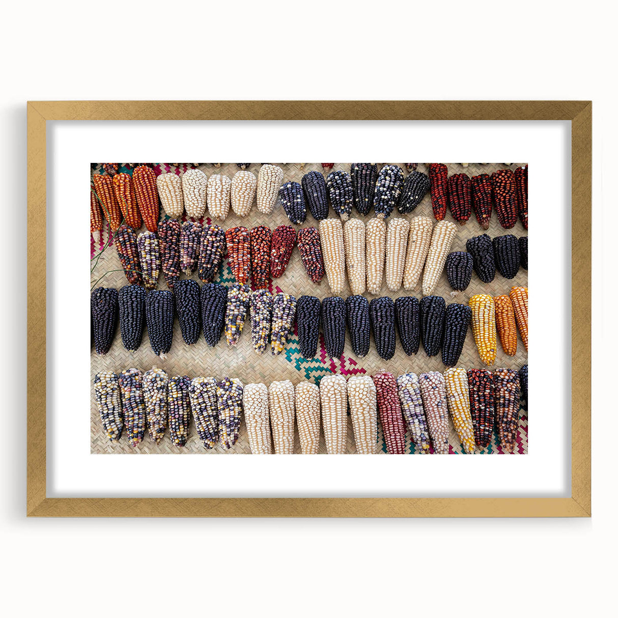 Extra large abstract art print depicting textured scenery of Oaxaca, in a gold frame, ideal for living room decor.