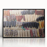 Large abstract wall art depicting a stylized Oaxaca scenery in vibrant colors on a black framed acrylic print.