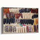 Landscape art painting of Oaxaca, Mexico, featuring colorful vintage poster art on a black background, framed in silver.