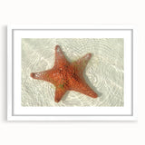 Abstract art print of a Quintana Roo landscape in soft blue and green tones, framed in white, ideal for dining room decor.