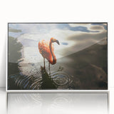 Art deco poster of Yucatan scenery in Mexico, with vibrant green and blue hues, framed in white acrylic.