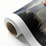 Art deco style poster of Yucatan scenery on rolled canvas, depicting vibrant green and blue tones.