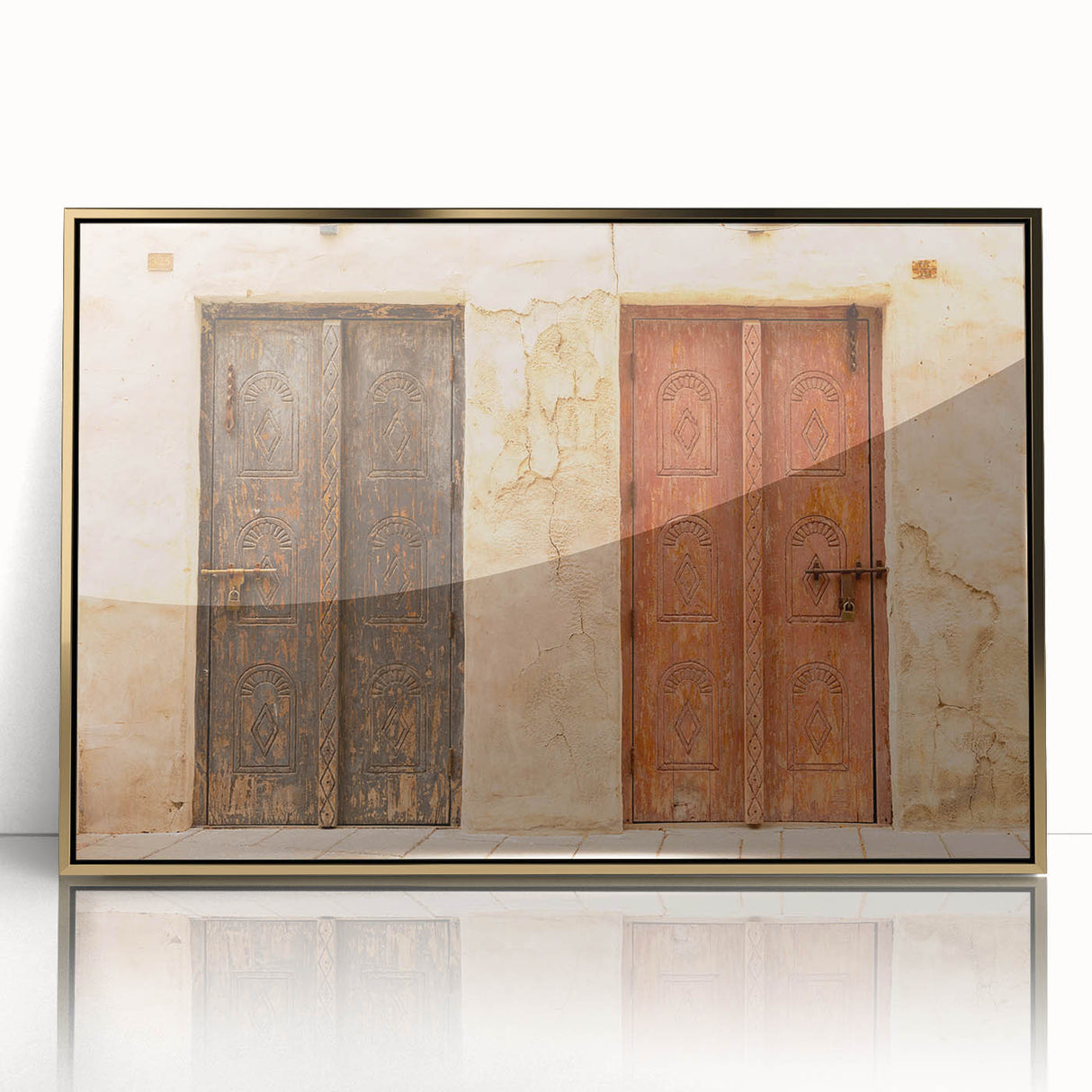 Mid-century modernist style large art print of Dubai skyline in gold tones on framed acrylic.