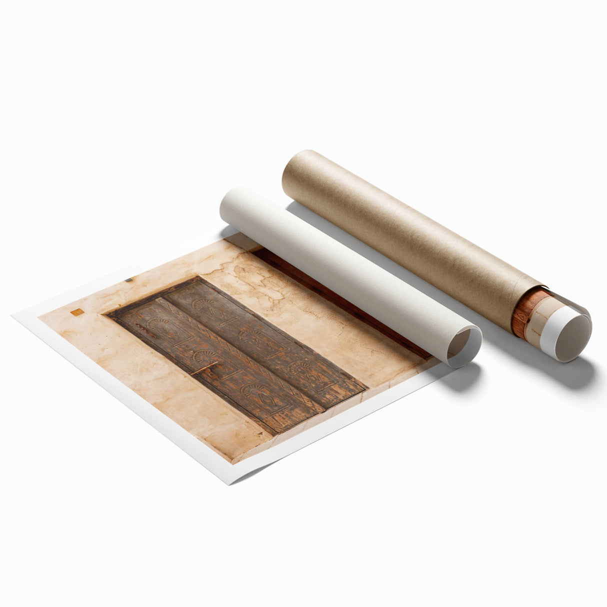Extra large rolled print of Dubai skyline with muted earth tones, ideal for classy bathroom wall art.