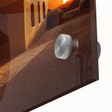 Large abstract wall art depicting a Middle Eastern scenery in muted earth tones on acrylic glass, ideal for dining room art.