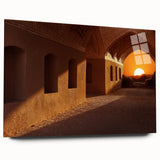 Large abstract wall art depicting a Middle Eastern scenery in muted earth tones on acrylic glass.