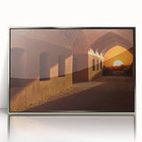 Mid-century modernist art of an Iranian landscape in muted earth tones on a framed acrylic, ideal for nursery wall art.