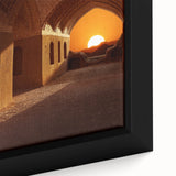 Framed canvas depicting a Middle-Eastern scenery in black with colorful, textured elements, ideal for living room decor.