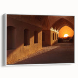 Vintage poster art of a Middle Eastern scenery on extra large framed canvas, featuring colorful art and black accents.