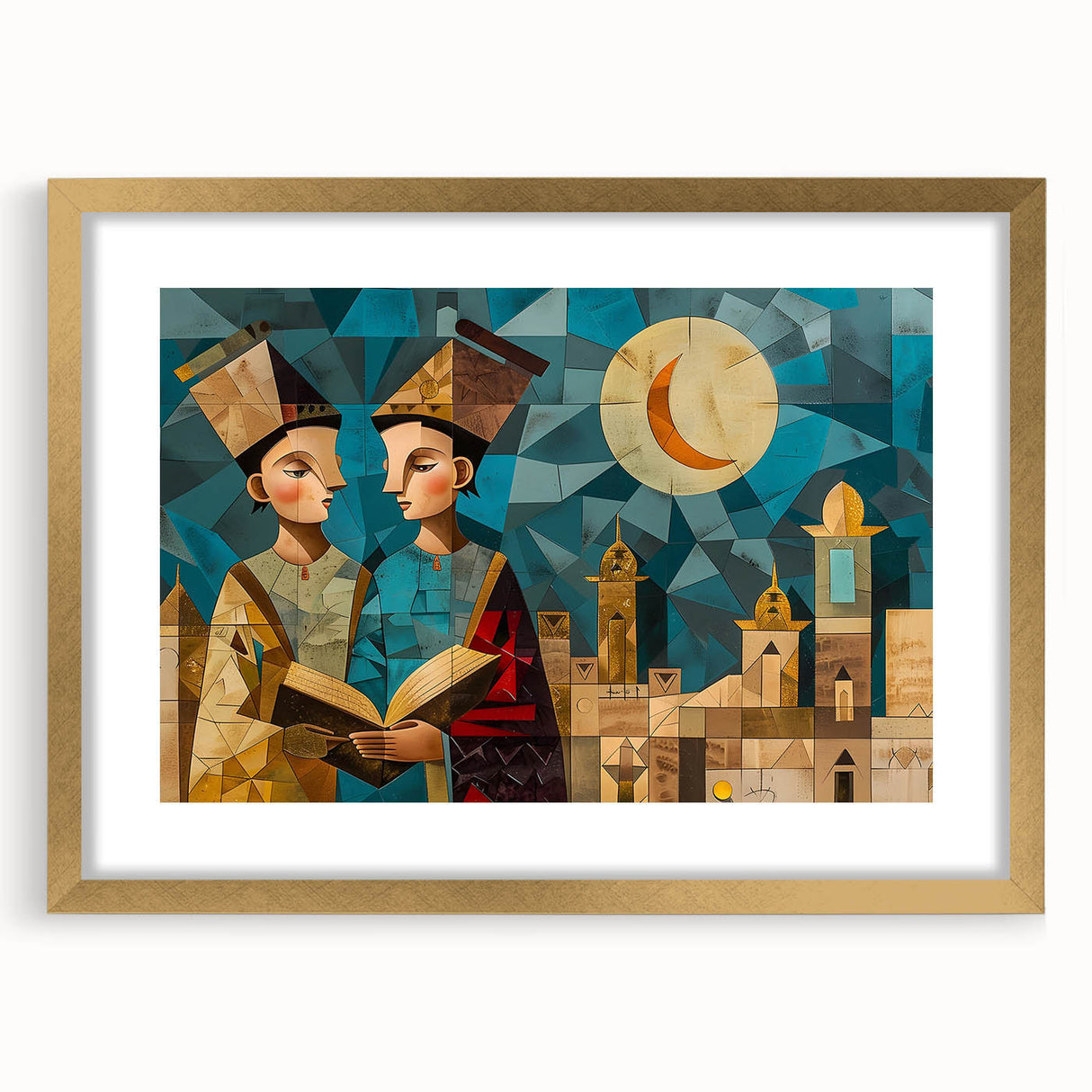 Extra large abstract art print depicting Middle Eastern scenery in textured gold tones, framed with a mat.