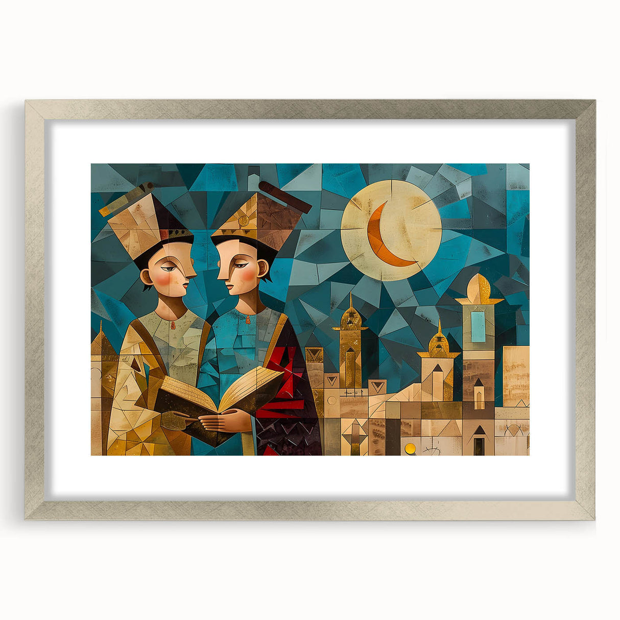 Textured art print of abstract Middle Eastern scenery in muted earth tones, framed with a silver mat, ideal for bedroom art.
