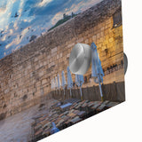 Mid-century modernist style large abstract art print of Jerusalem skyline in muted earth tones on acrylic glass.