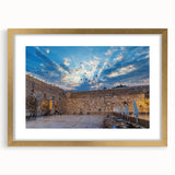 Extra large wall art depicting an abstract Jerusalem cityscape in textured gold and earth tones, framed with a mat.