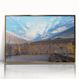 Framed acrylic print of Jerusalem skyline in gold and brown tones, ideal for modern art wall decor.