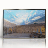 Mid-century modernist art depicting the Jerusalem skyline in muted earth tones on a framed acrylic print.