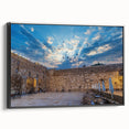 Framed canvas featuring a black and white vintage poster art of Jerusalem landscape, ideal for bedroom wall decor.