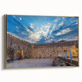 Framed canvas wall art depicting a vintage-style landscape of Jerusalem in muted gold and black tones.